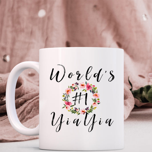 Ceramic Mug — "World's Best YiaYia" Floral Coffee Cup (11oz)
