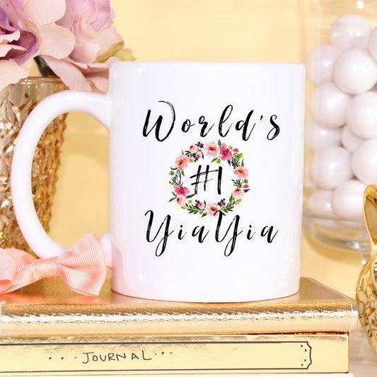 Ceramic Mug — "World's Best YiaYia" Floral Coffee Cup (11oz)
