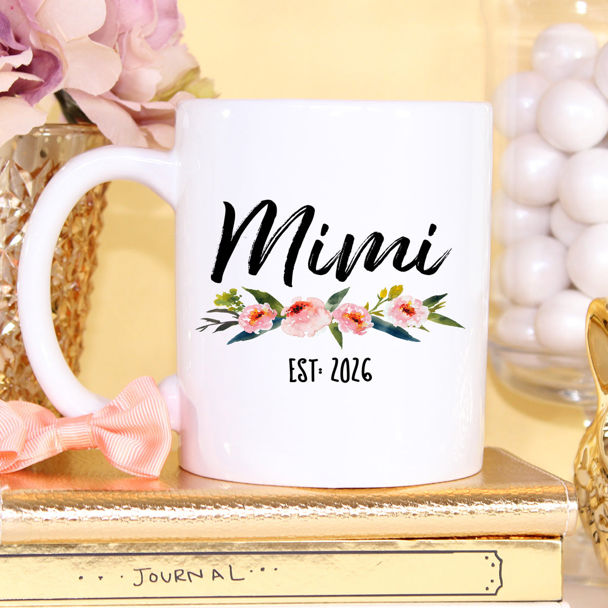 Mimi Floral Ceramic Mug — "Mom" Script Coffee Cup (11oz)