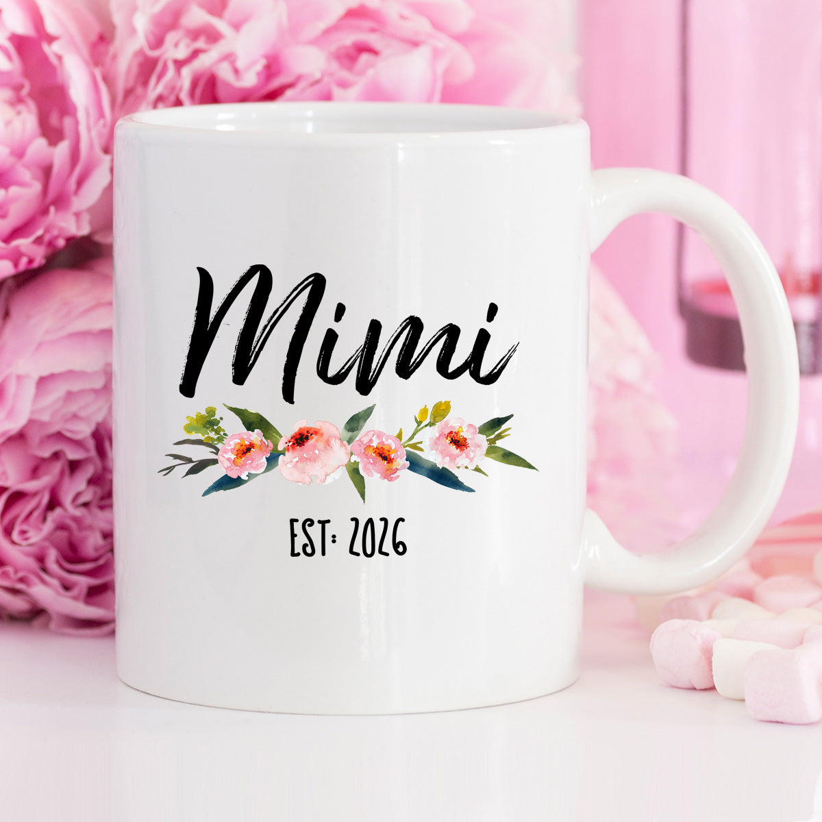 Mimi Floral Ceramic Mug — "Mom" Script Coffee Cup (11oz)