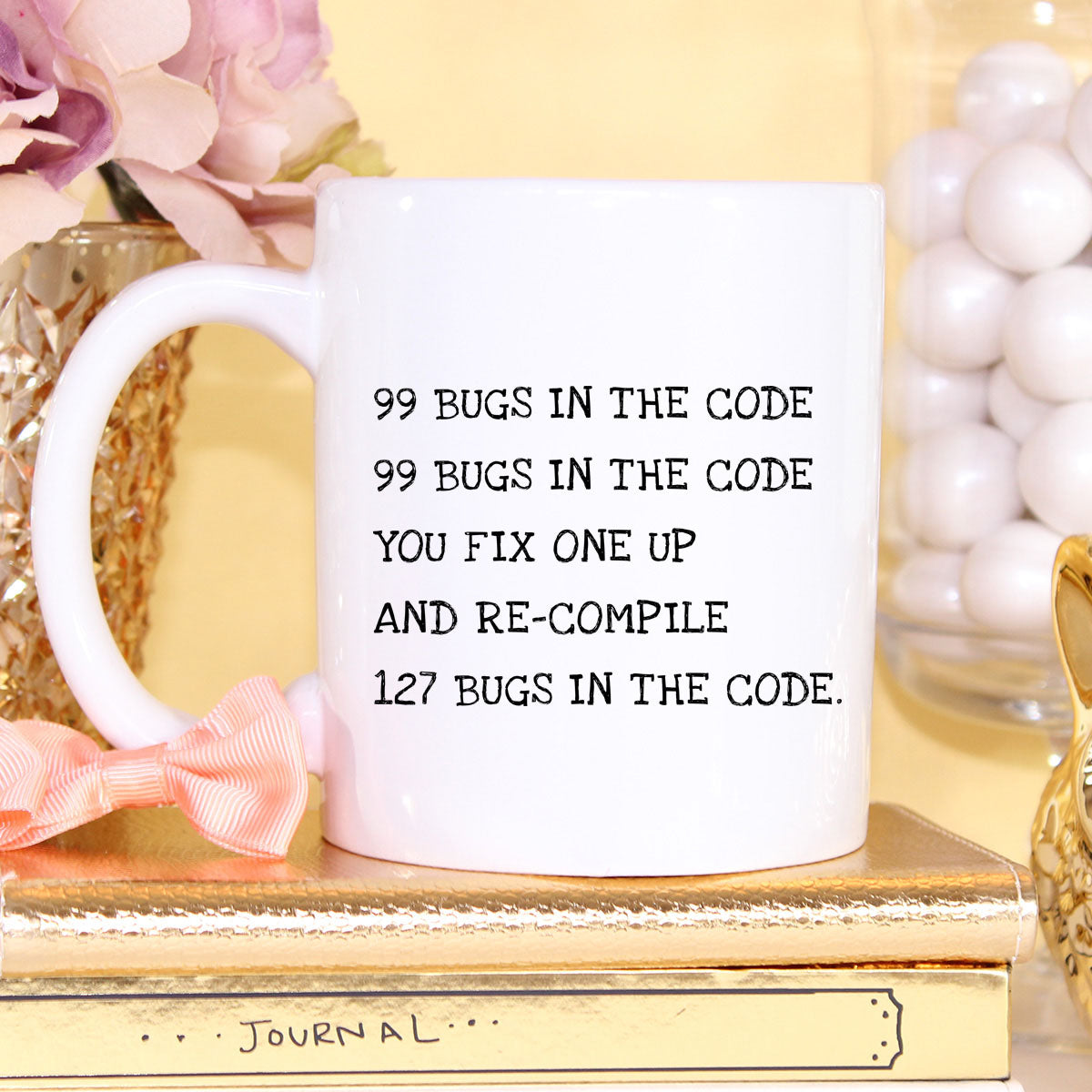 Humorous Bug Fixer Mug — Developer Coffee Cup with '99 Bugs' Code Joke