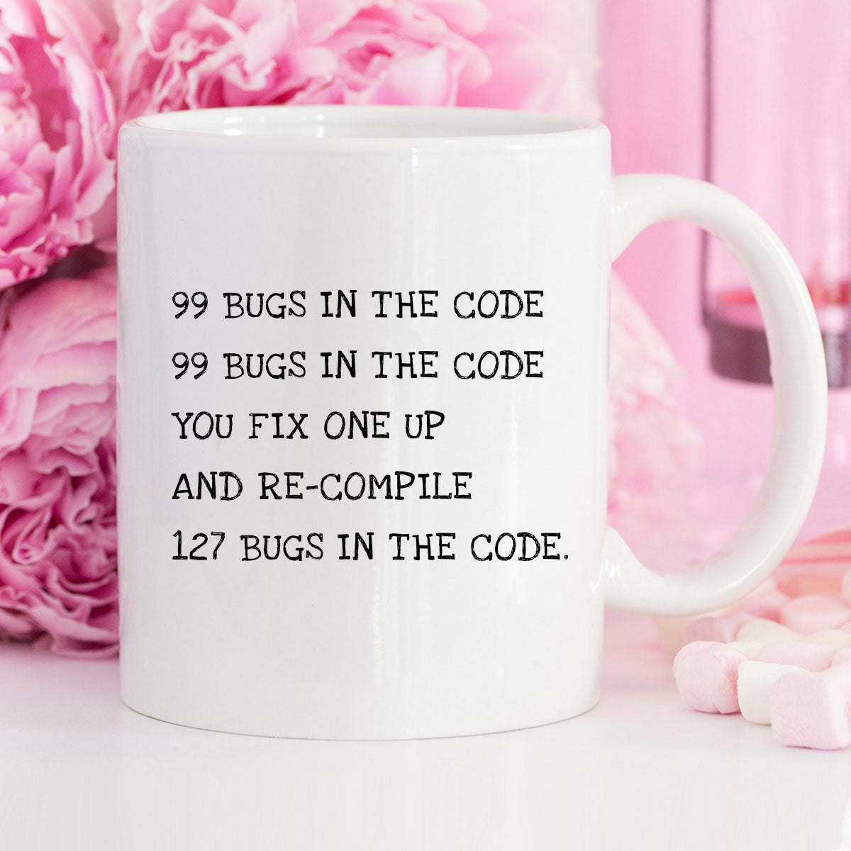 Humorous Bug Fixer Mug — Developer Coffee Cup with '99 Bugs' Code Joke